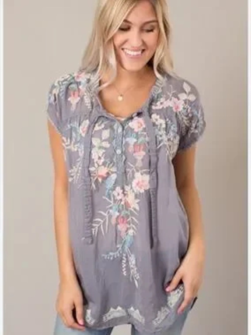 Johnny Was Dreaming Floral Embroidered Blouse Top Gray Size S